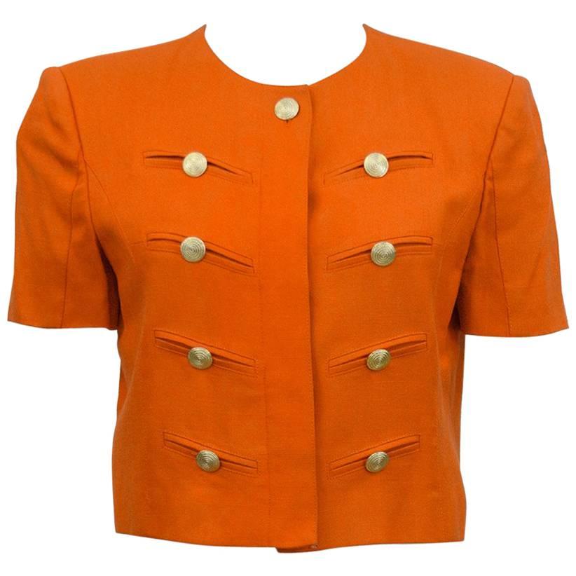 1980s Louis Feraud Orange Military Style Cropped Jacket