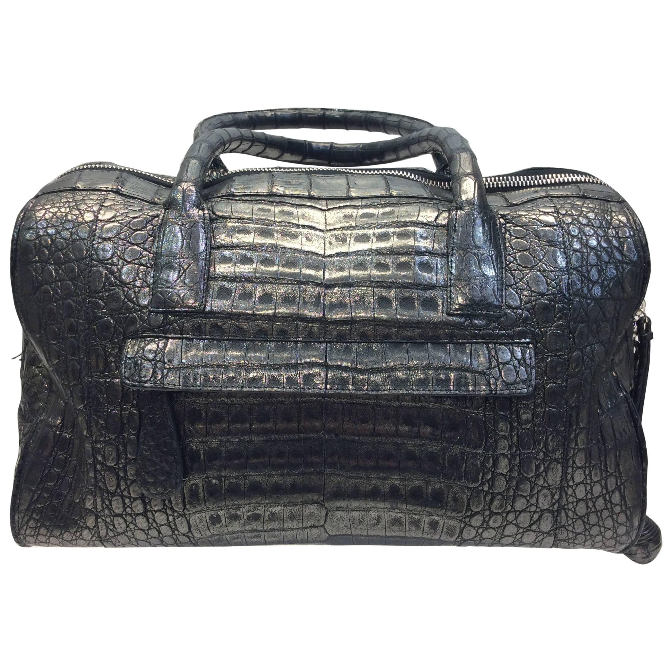 Nancy Gonzalez Silver Metallic Crocodile Handbag For Sale