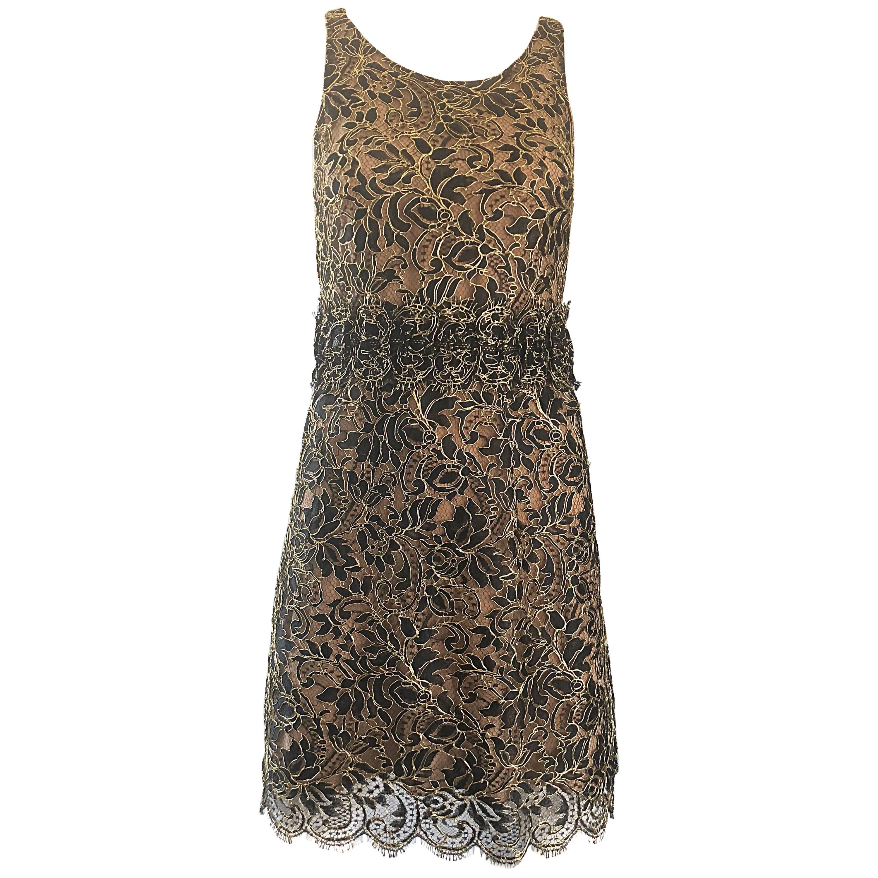 Balenciaga by Nicolas Ghesquiere Black + Gold + Nude Silk Chiffon Lace Dress For Sale