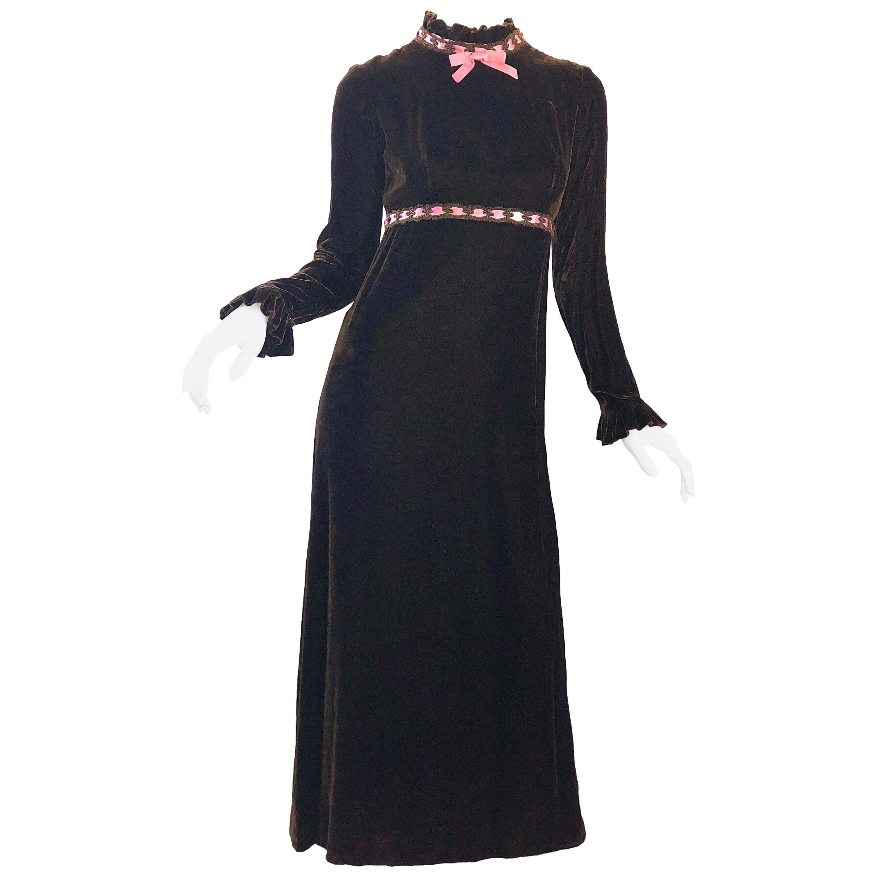 1970s Chocolate Brown + Pink Ribbon Silk Velvet Gorgeous 70s Vintage Maxi Dress