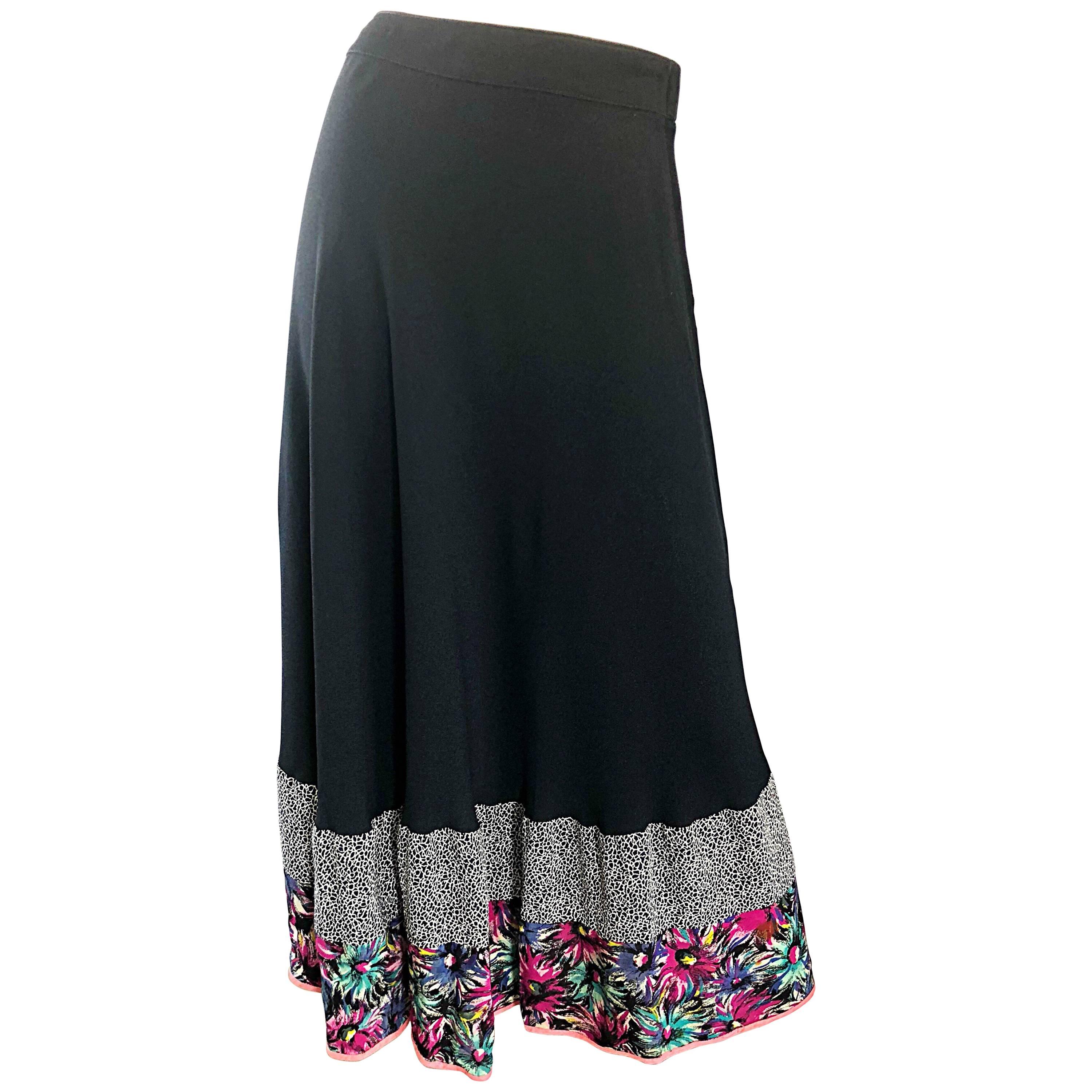 Beautiful 1940s Black Silk Crepe Flower Leopard Hem Vintage 40s Maxi Skirt