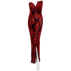 1993 Bob Mackie Red Grapevines Beaded Sequin Silk Strapless Hourglass Slit Gown