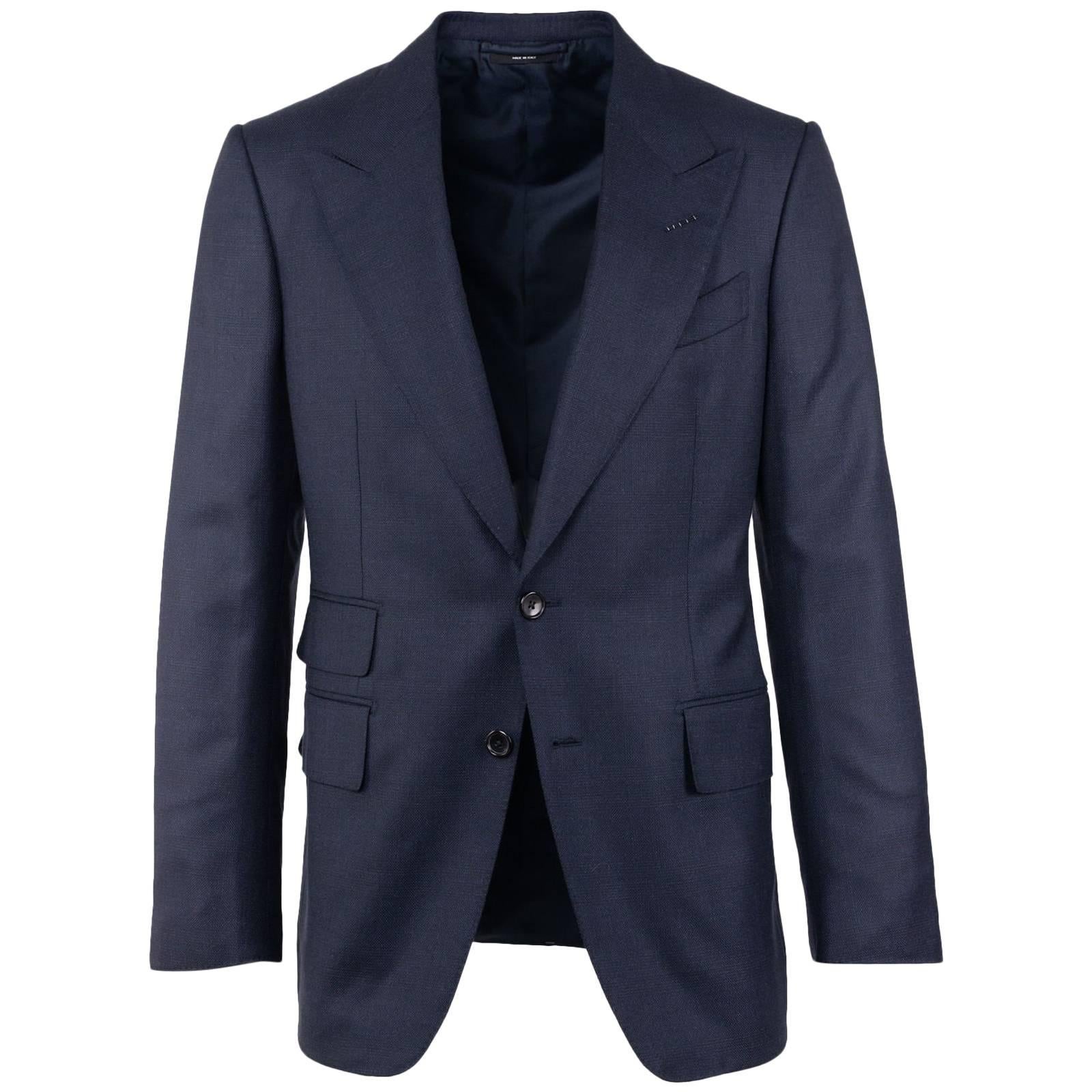  Tom Ford Navy Wool Blend Irregular Canvas Shelton Two Pc Suit For Sale