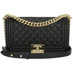 Chanel Old Medium Quilted Boy Black Lambskin with Shiny Gold Hardware, 2016