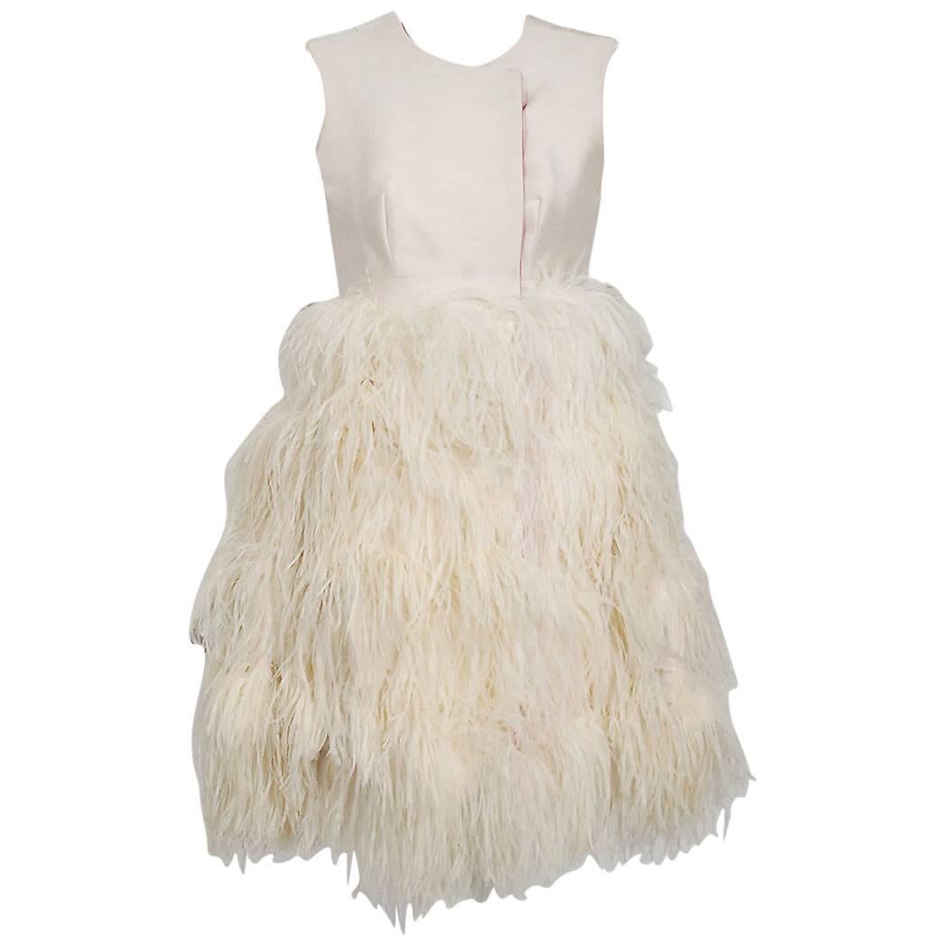 1960's Mr. Blackwell Ivory Silk and Ostrich-Feather Sleeveless Mod Mini Dress