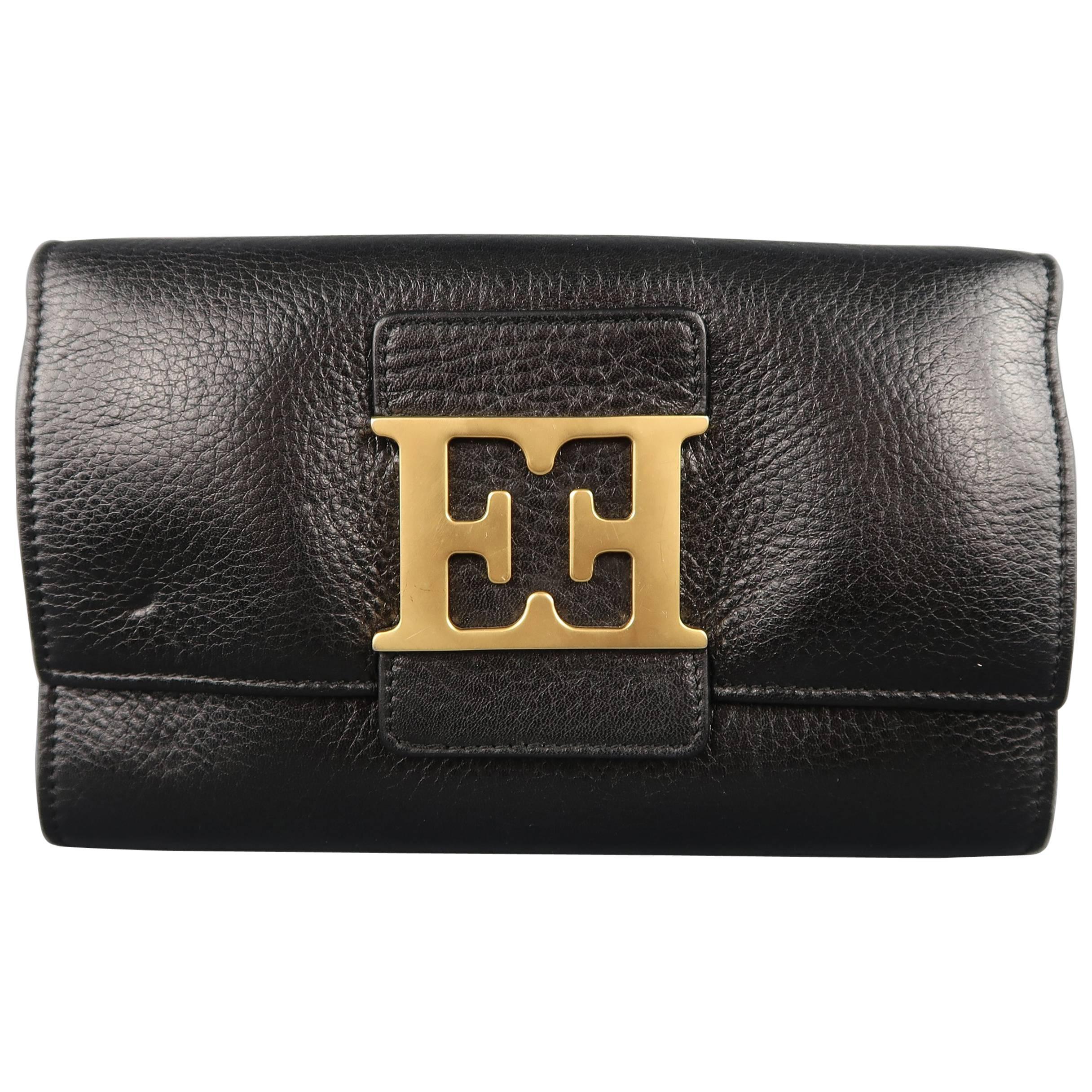  Escada Black Leather Gold Double E Flap Wallet