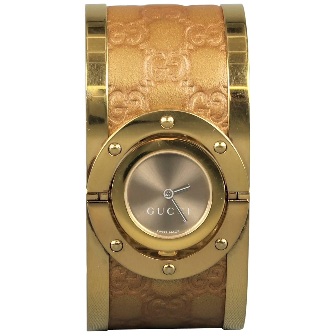 Gucci Gold Metal Monogram Leather Twirl Collection Wristwatch
