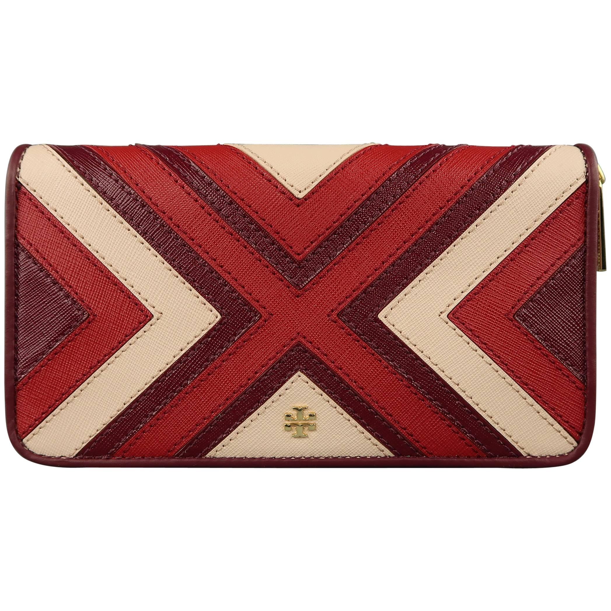 TORY BURCH Plum Red & Pink Patchwork Leather Zip Wallet