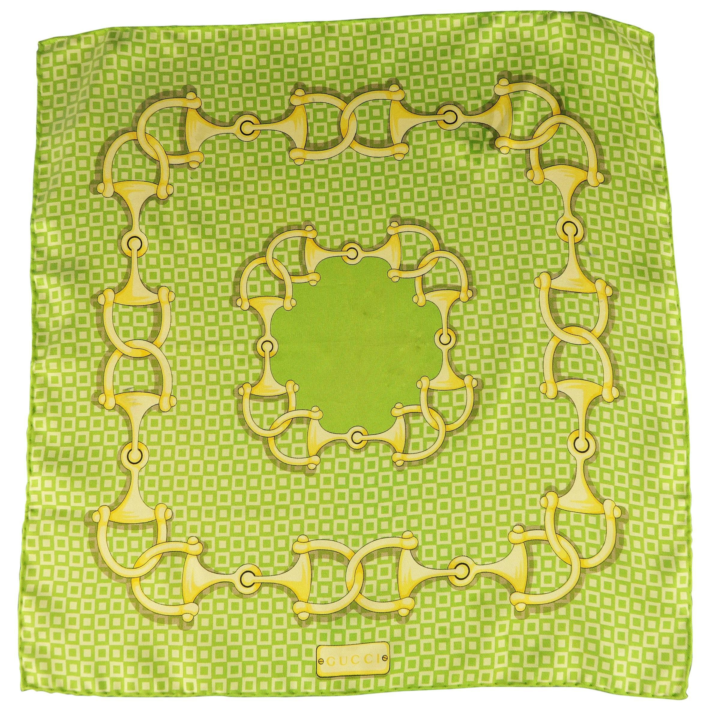 Gucci Men's Green and Yellow Silk Horsebit Print Pocket Square