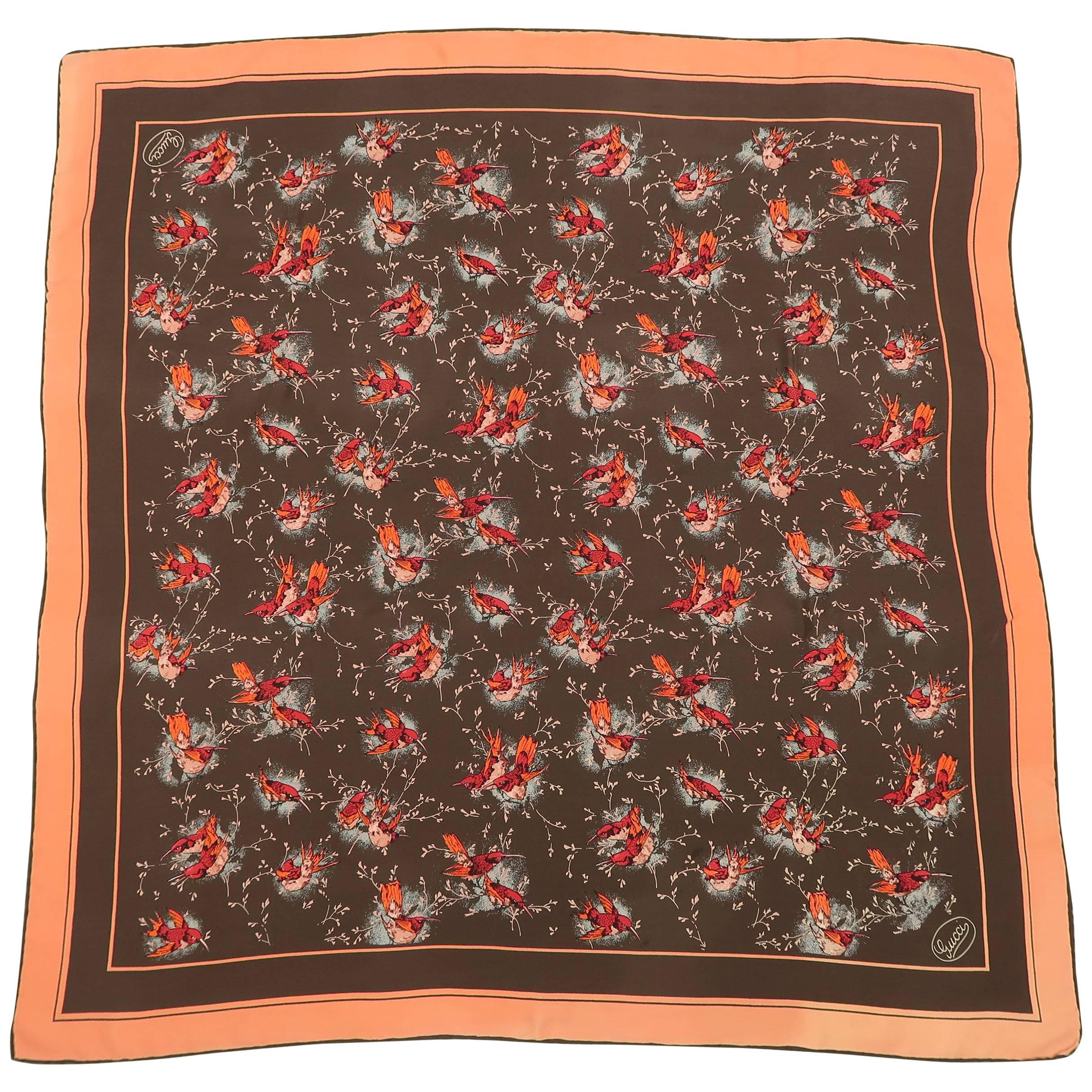 Gucci Vintage Brown and Coral Sparrow Bird Silk Scarf at 1stDibs