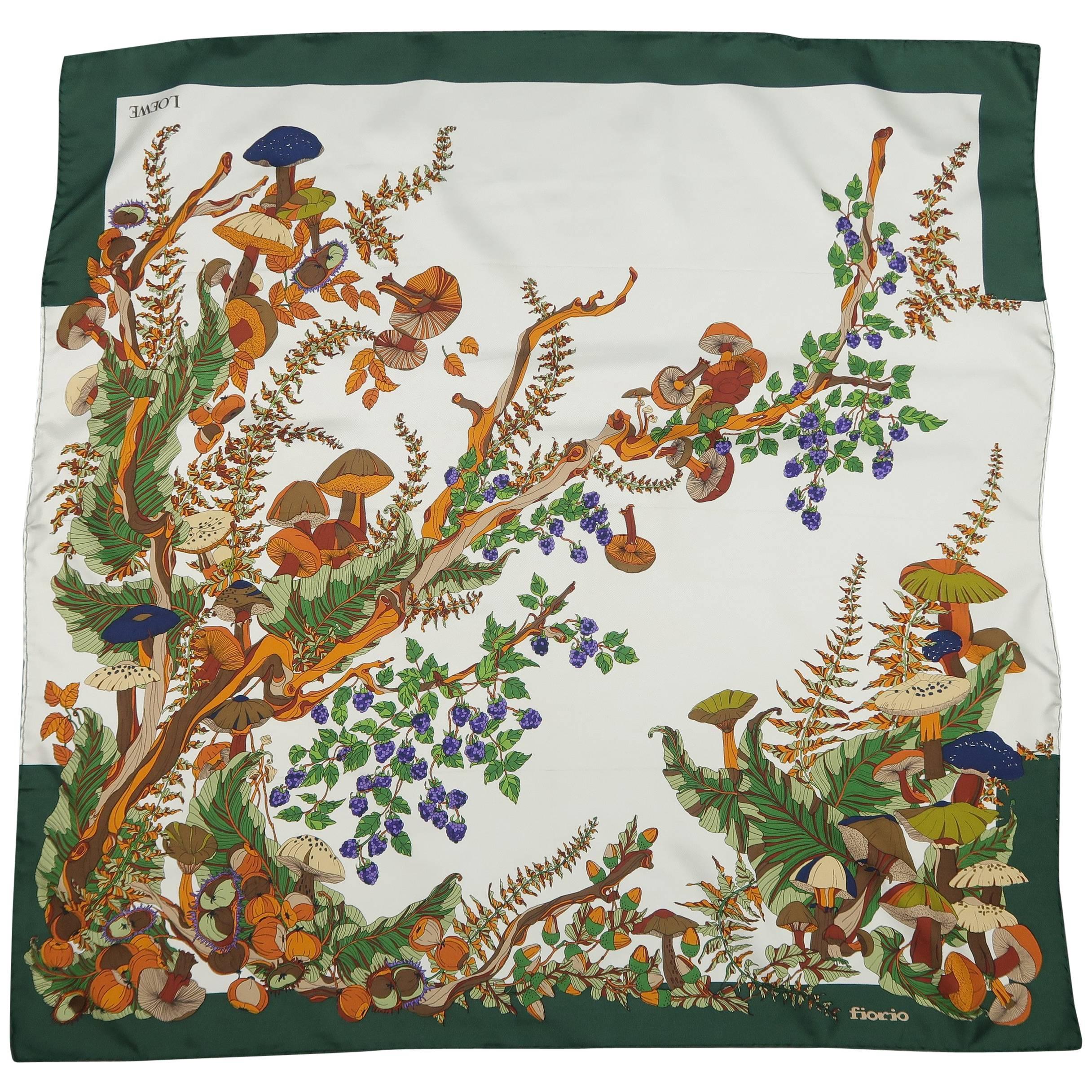 Loewe Vintage Green and Cream Autumn Mushroom Print Silk Scarf