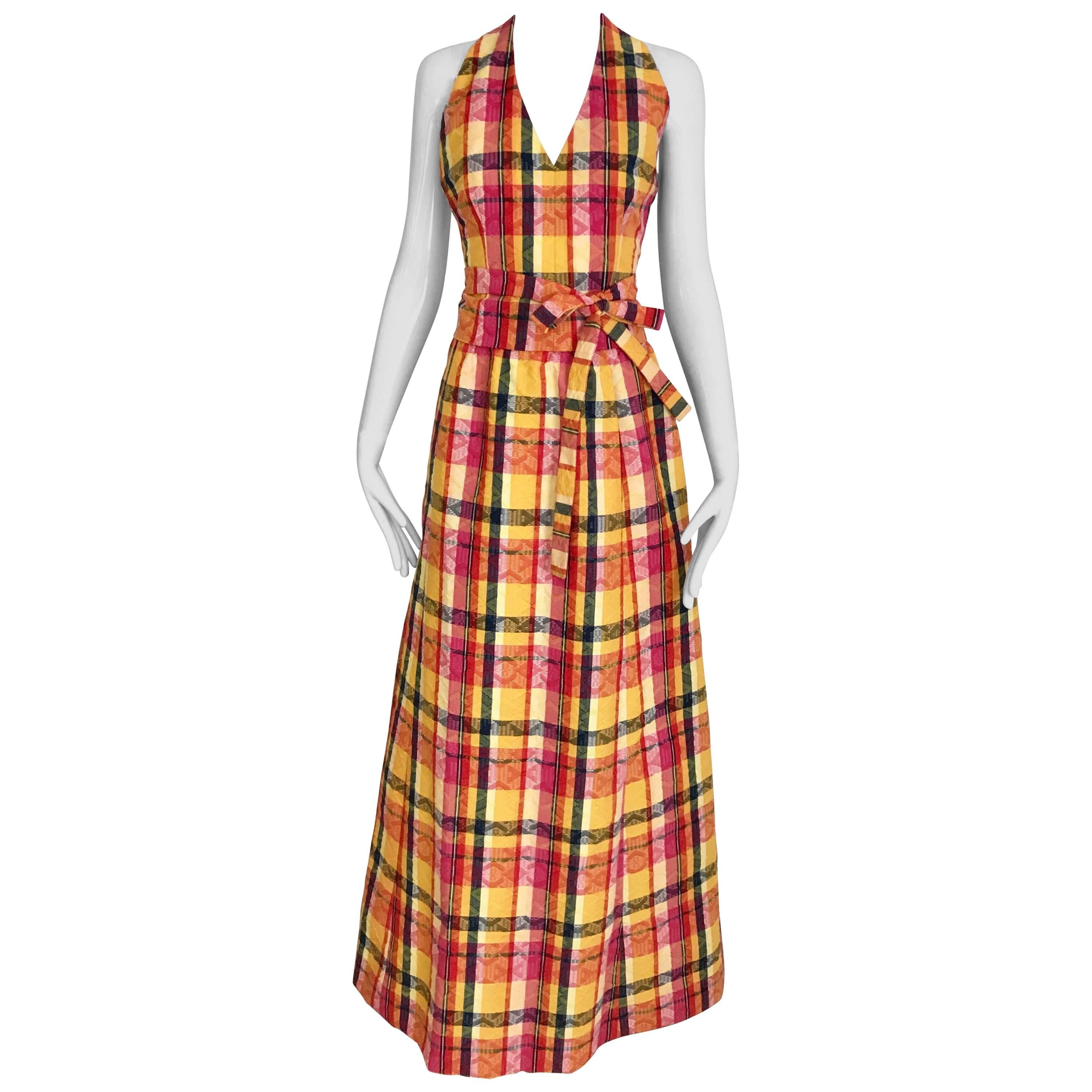 Givenchy Yellow and Orange Plaid Halter Top and Skirt set, 1970s 