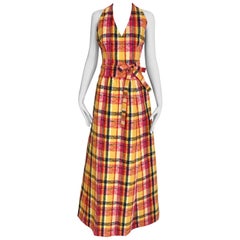 Vintage Givenchy Yellow and Orange Plaid Halter Top and Skirt set, 1970s 