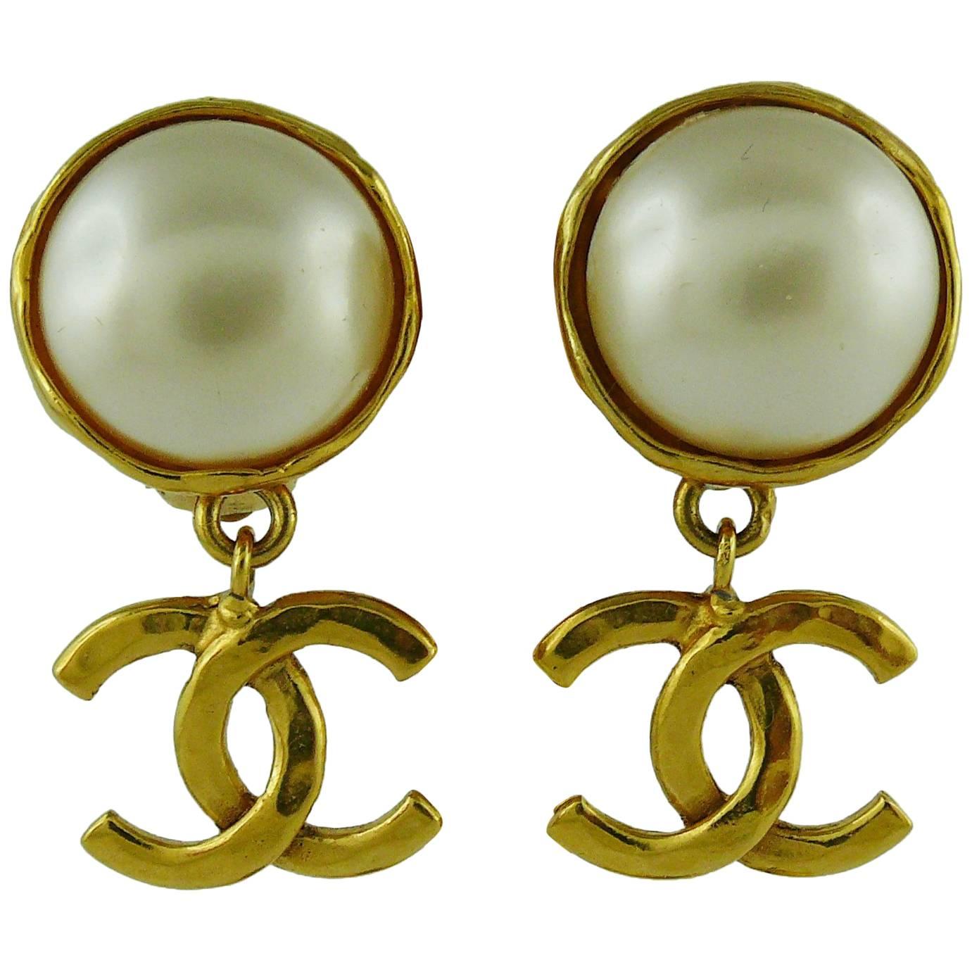 Chanel Vintage Faux Pearl Gold Tone Logo Drop Earrings Spring 1994