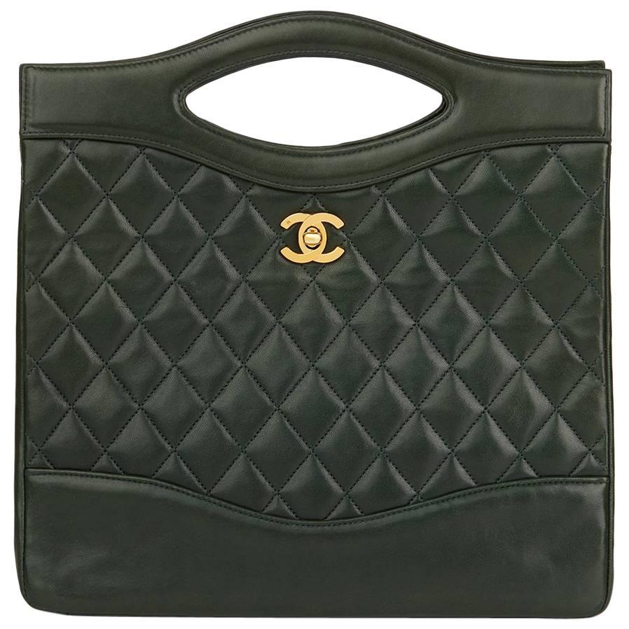 1989 Chanel Bottle Green Quilted Lambskin Vintage Top Handle With Chain