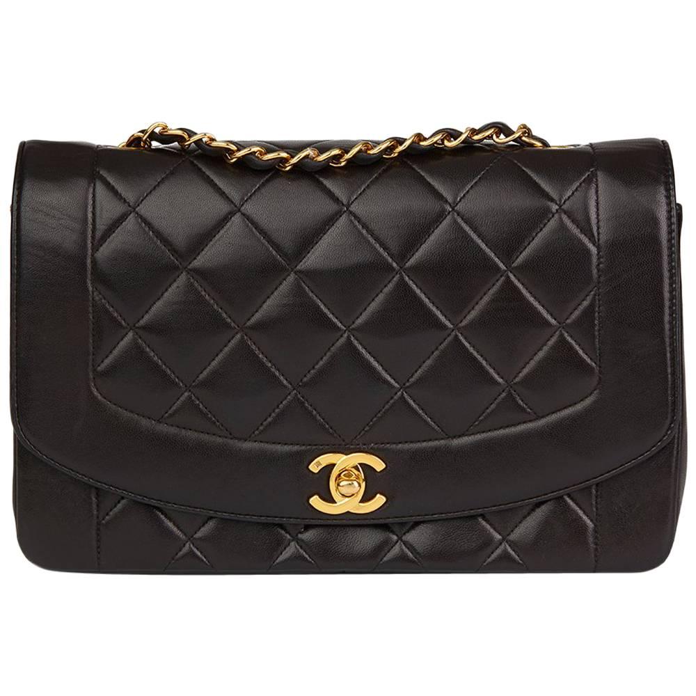 1994 Chanel Black Quilted Lambskin Vintage Medium Diana Classic Single Flap Bag