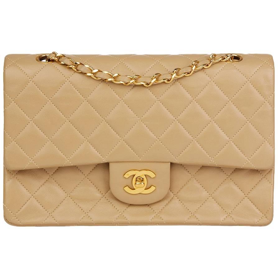 1991 Chanel Biege Quilted Lambskin Vintage Medium Classic Double Flap Bag