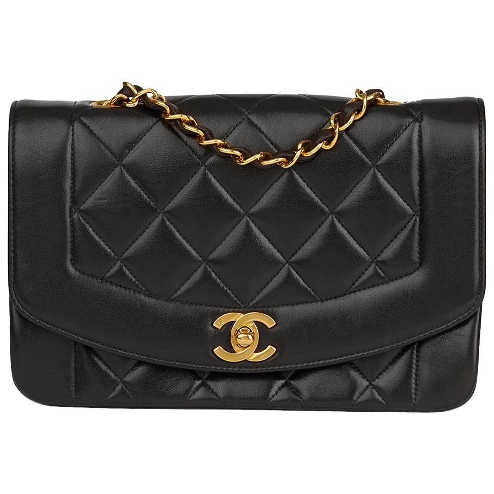 1994 Chanel Black Quilted Lambskin Vintage Small Diana Classic Single Flap