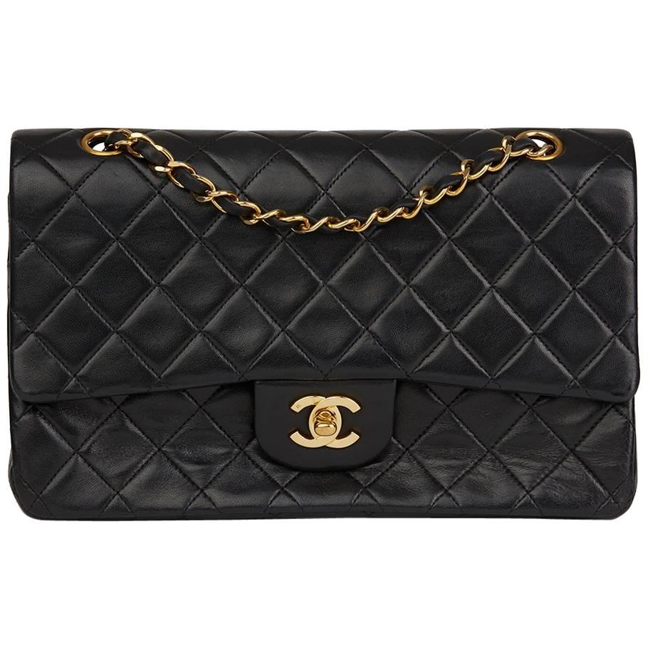 1989 Chanel Black Quilted Lambskin Vintage Medium Classic Double