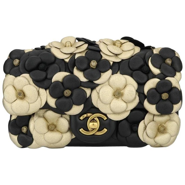 Chanel Camellia Mini Bag Black / Gold Lambskin For Sale at 1stDibs