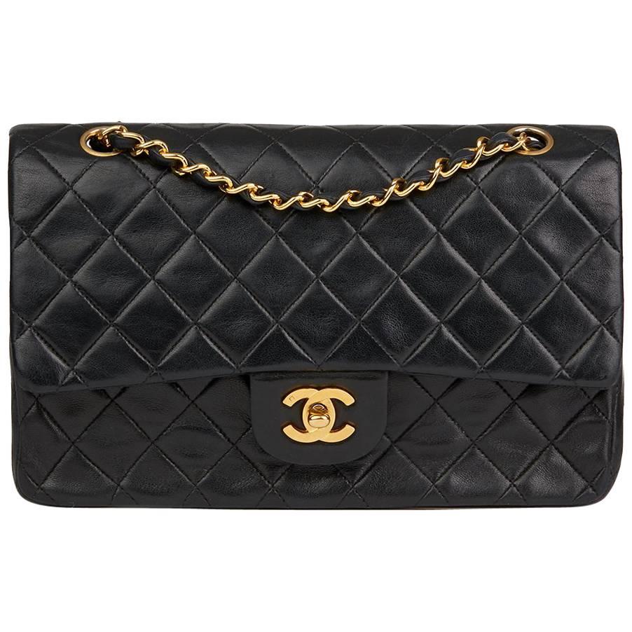 1993 Chanel Black Quilted Lambskin Vintage Medium Classic Double Flap Bag 