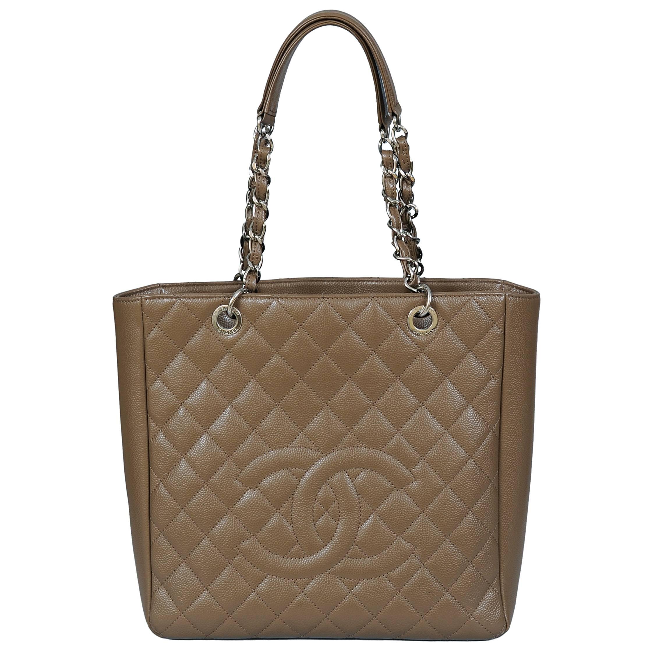 Chanel Large Taupe Caviar Leather Shopping Tote