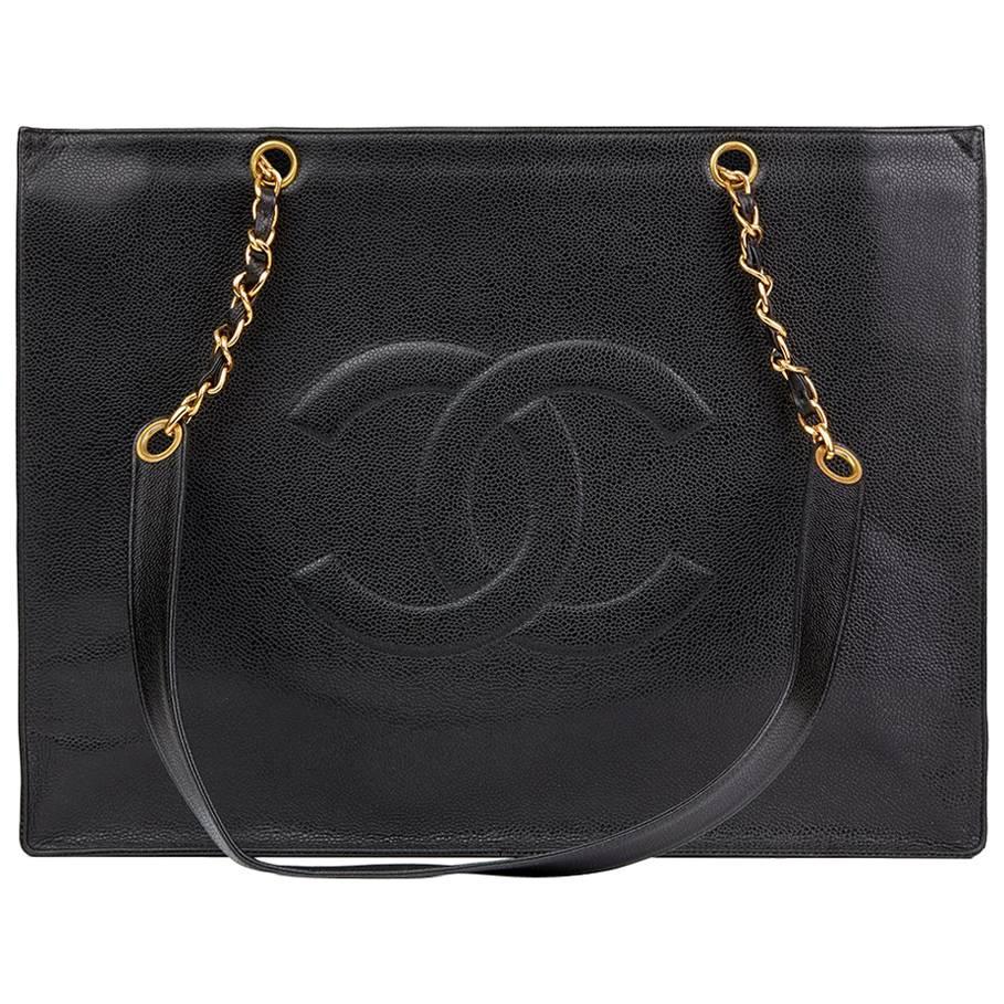 1996 Chanel Black Caviar Leather Vintage Jumbo XL Timeless Shopping Tote 