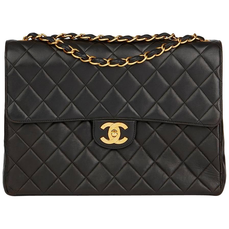 1994 Chanel Black Quilted Lambskin Vintage Jumbo Classic Single Flap Bag