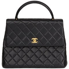 1996 Chanel Black Quilted Caviar Leather Retro Classic Kelly Flap Bag