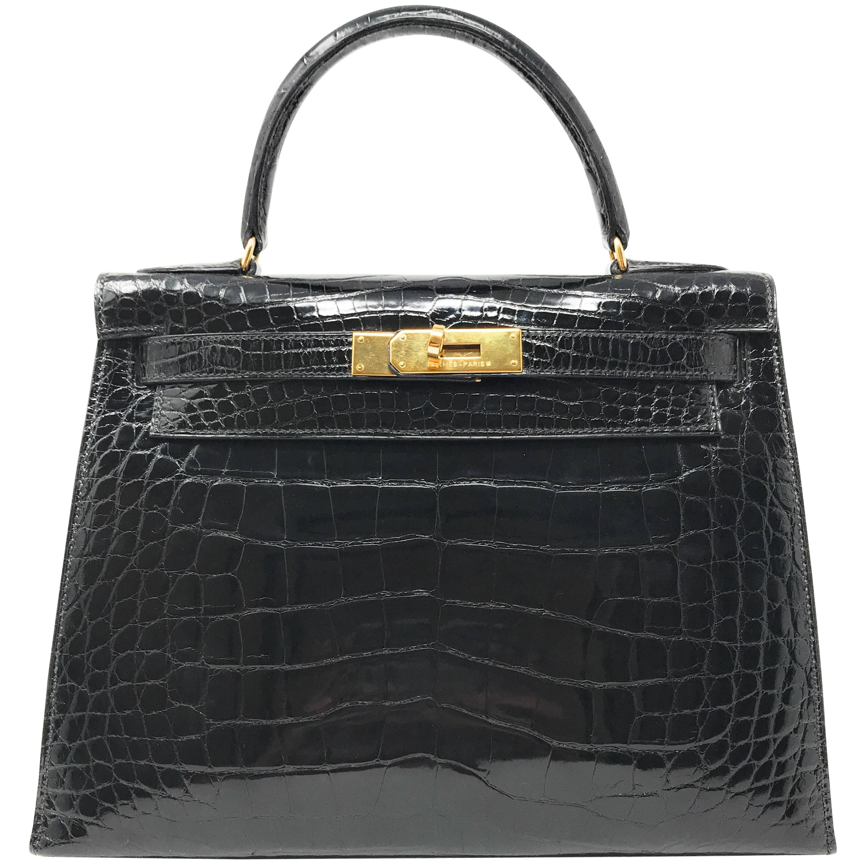 Hermes Kelly 28cm Black Shiny Alligator Bag