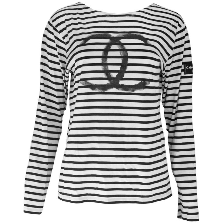 Chanel Black and White Stripe CC Uniform Top Sz L at 1stDibs