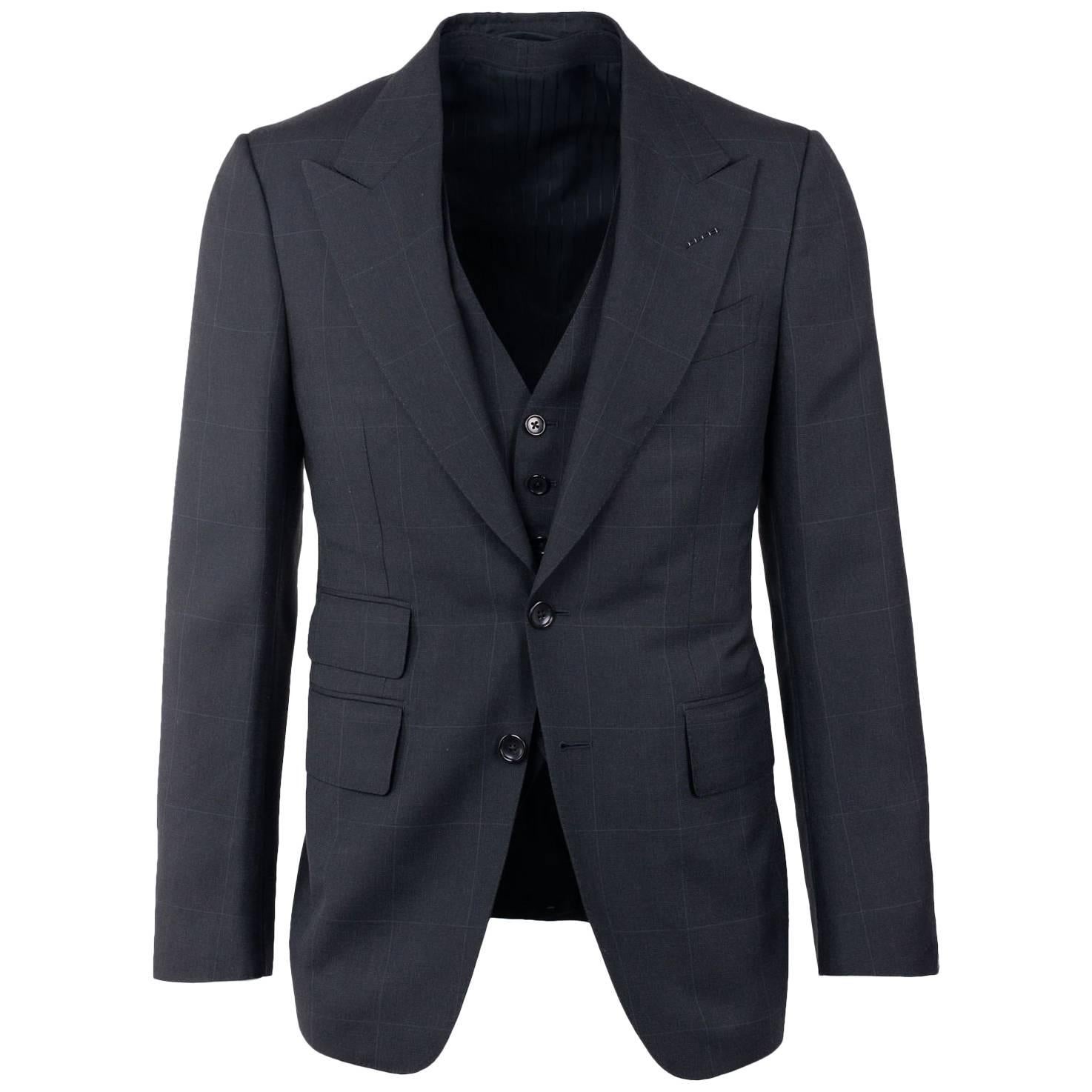  Tom Ford Black Windowpane Wool Blend Three Piece Suit For Sale