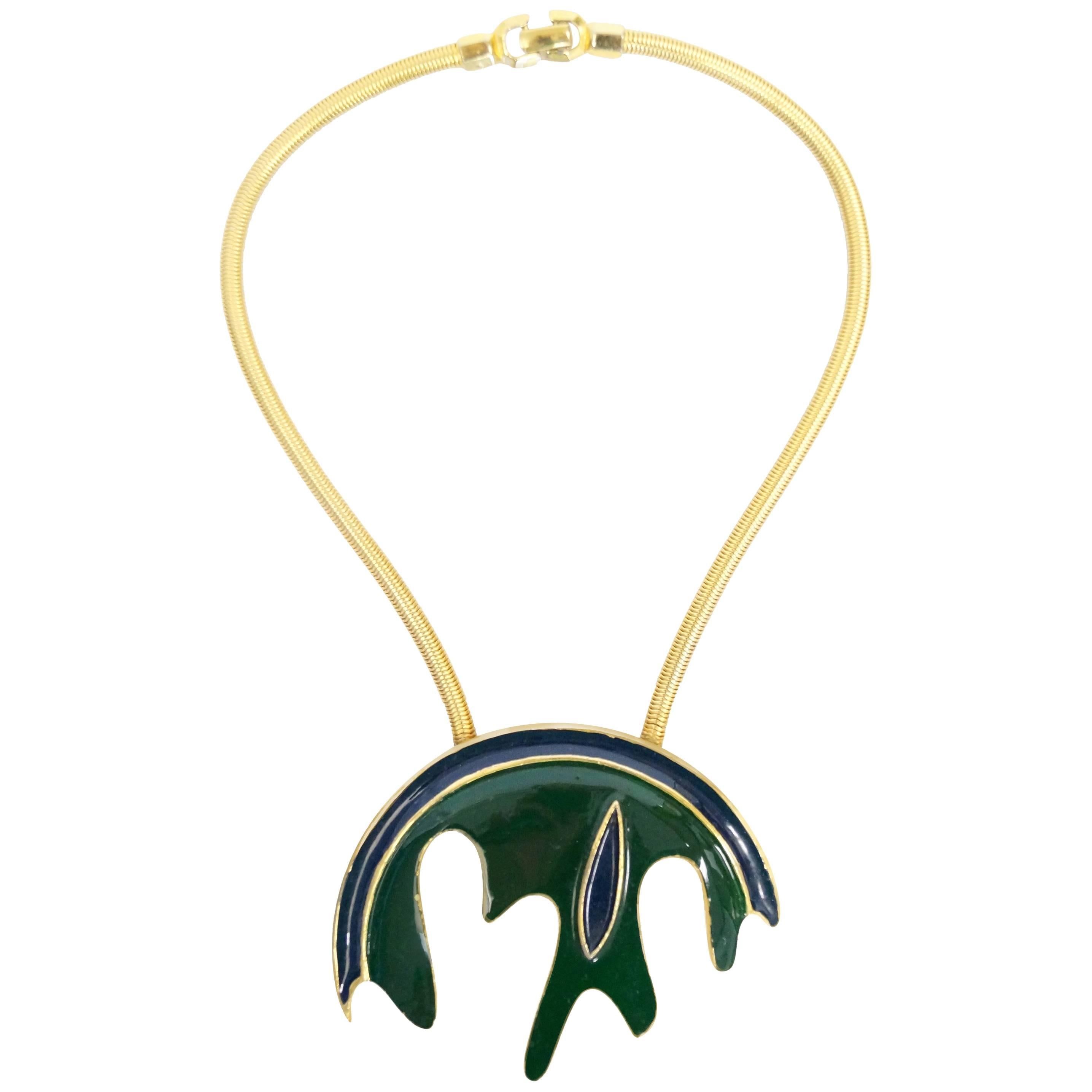 Pierre Cardin Blue and Green Enamel Massive Medallion Necklace, 1960s  For Sale