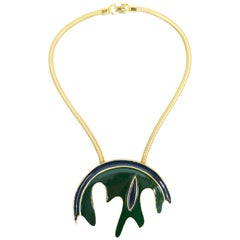 Retro Pierre Cardin Blue and Green Enamel Massive Medallion Necklace, 1960s 