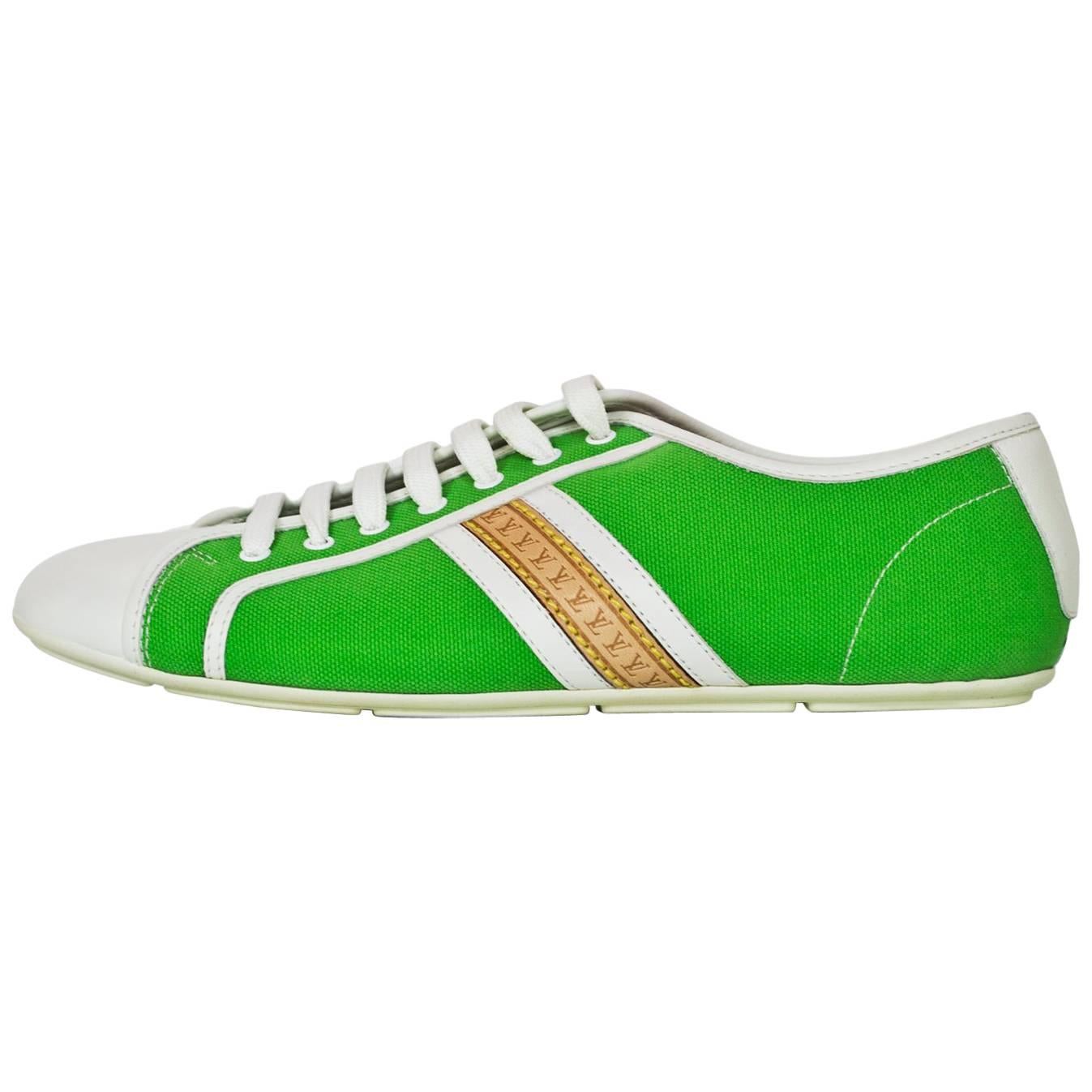Louis Vuitton White Leather & Green Canvas Sneakers Sz 38 NEW