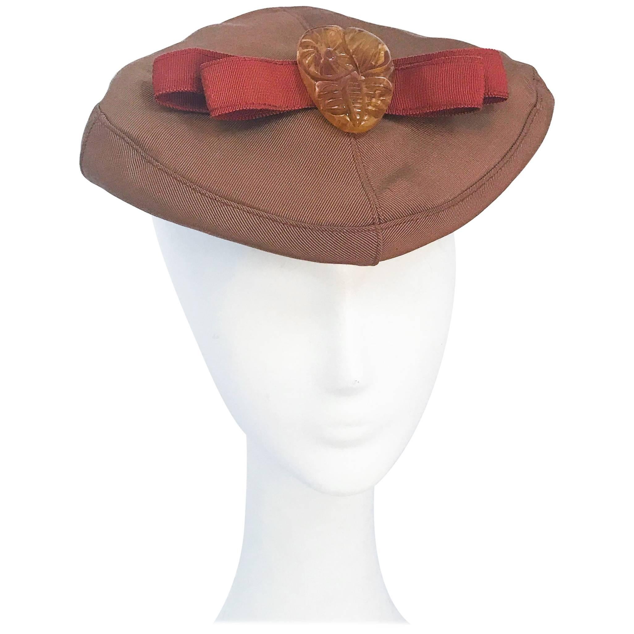 1940s Twill Gold-toned Hat with Rust-toned Gros-grain Ribbon and Bakelite Clip