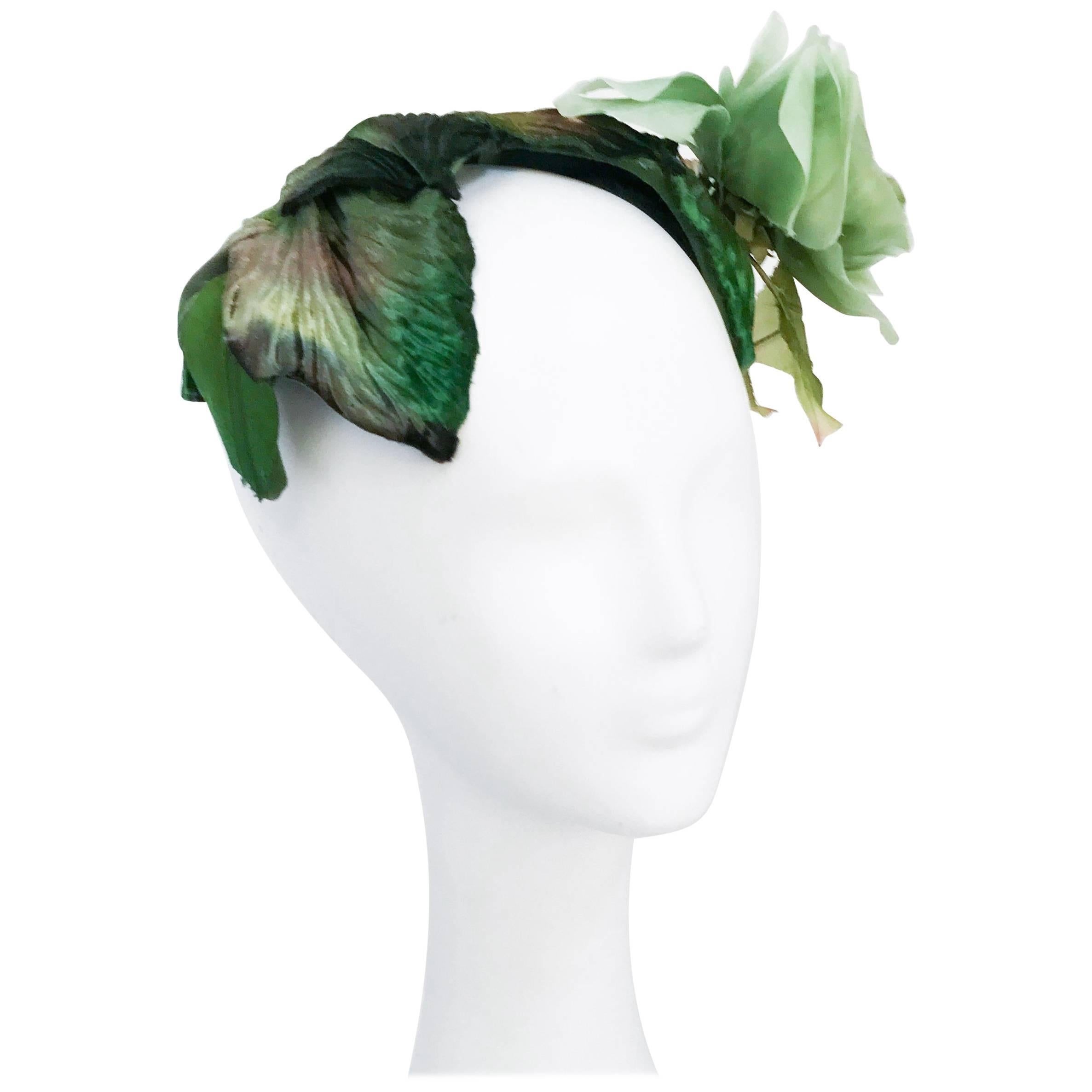 1950's Green Cocktail hat With Green Silk Flower