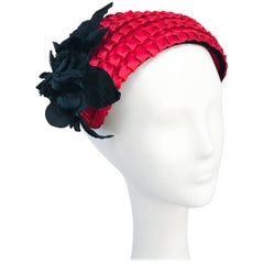 Vintage 1950's Red Woven Straw Cocktail Hat with Black Velvet Flower