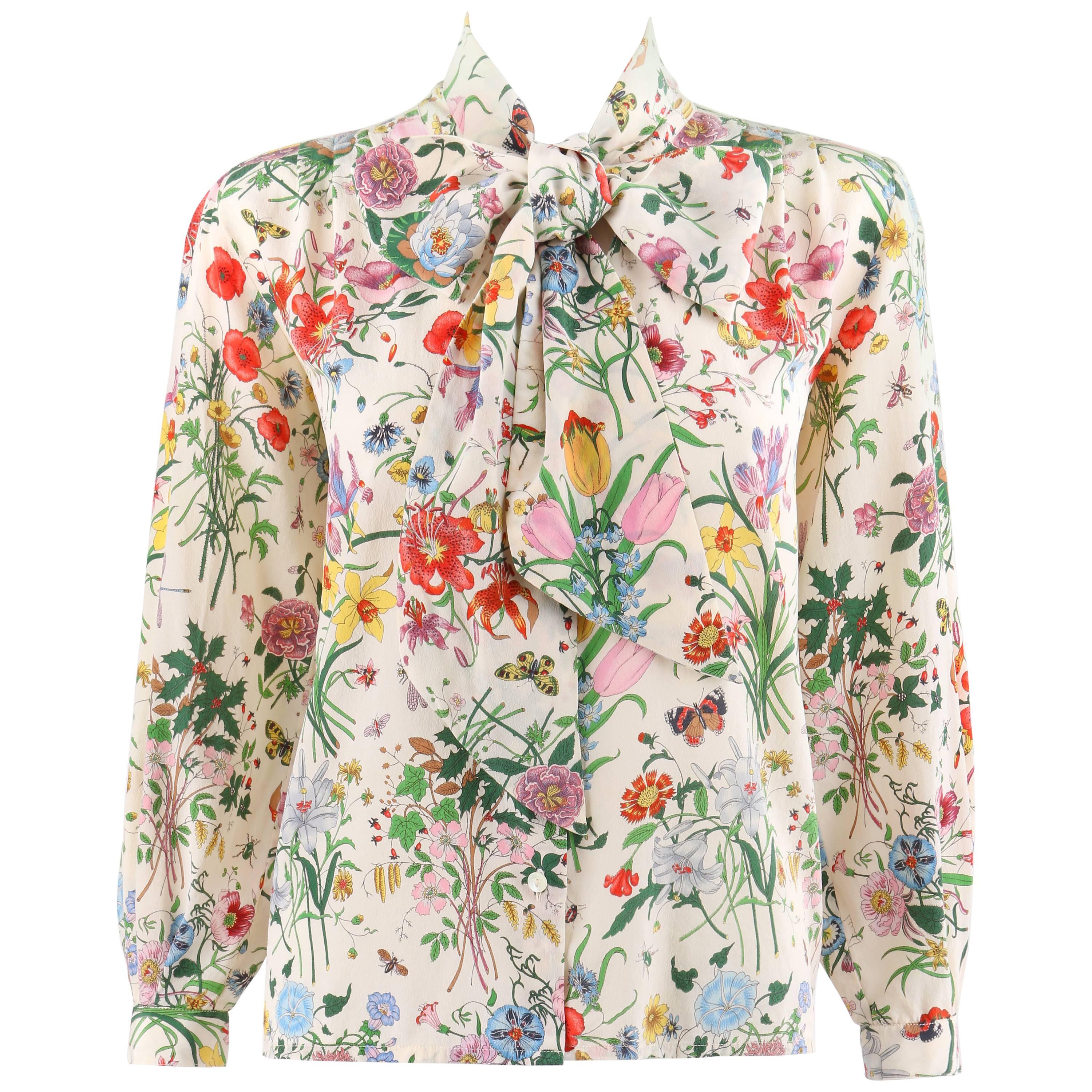 GUCCI c.1970s Iconic "Flora" Print White Silk V Neck Pussy Bow Blouse Top  at 1stDibs