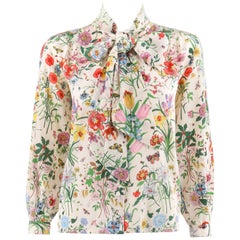 GUCCI c.1970s Iconique "Flora" Print White Silk V Neck Pussy Bow Blouse Top