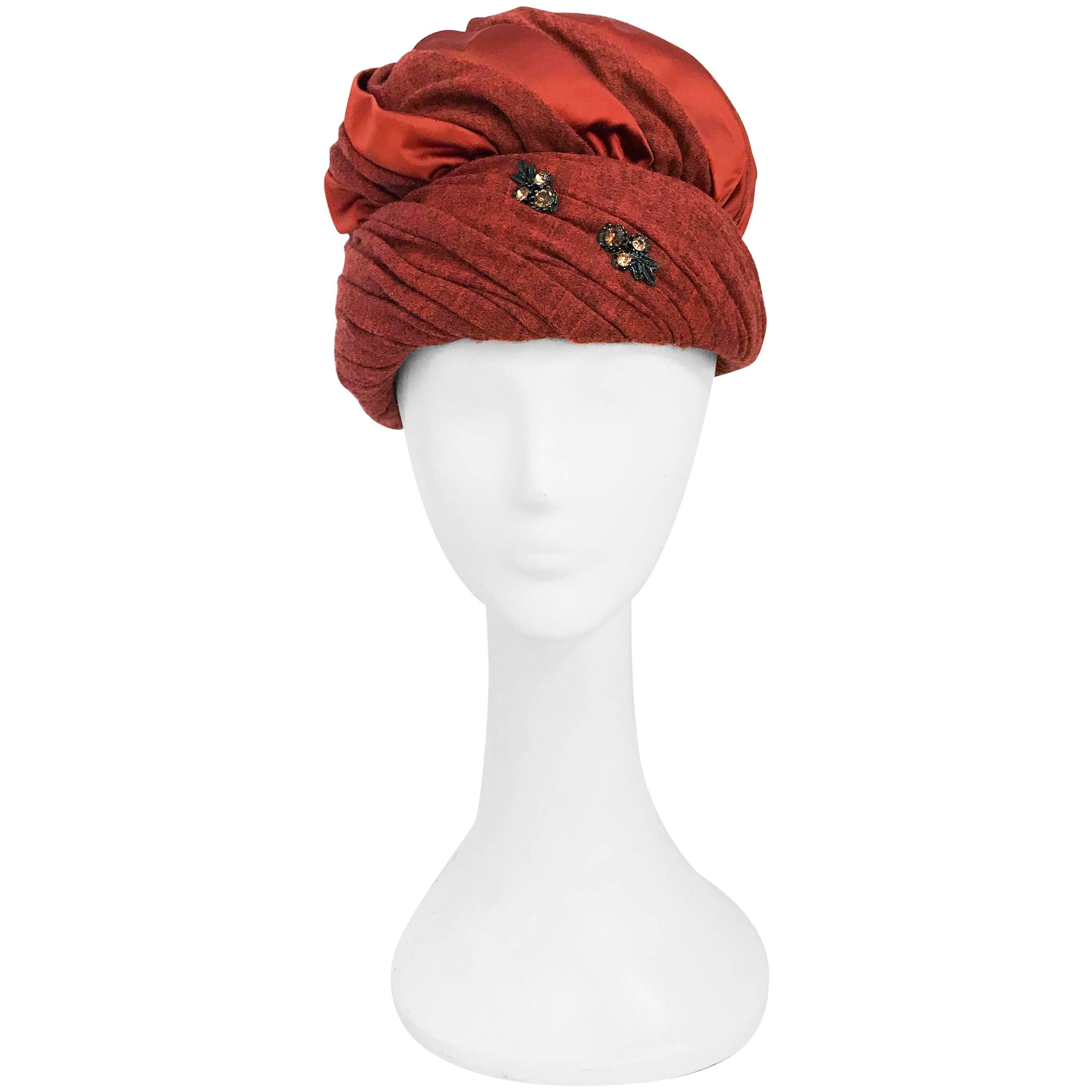 1960s Rust Jersey and Satin Turban with Rhinestone Embellishment