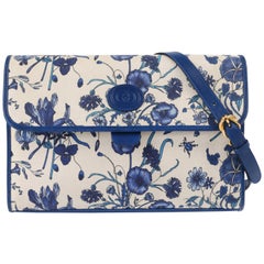 GUCCI c.1980
s Blue Leather 
Iconic "Flora" Print Canvas Flap Top Purse