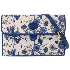 GUCCI c.1980's Blue Leather & Iconic "Flora" Print Canvas Flap Top Purse