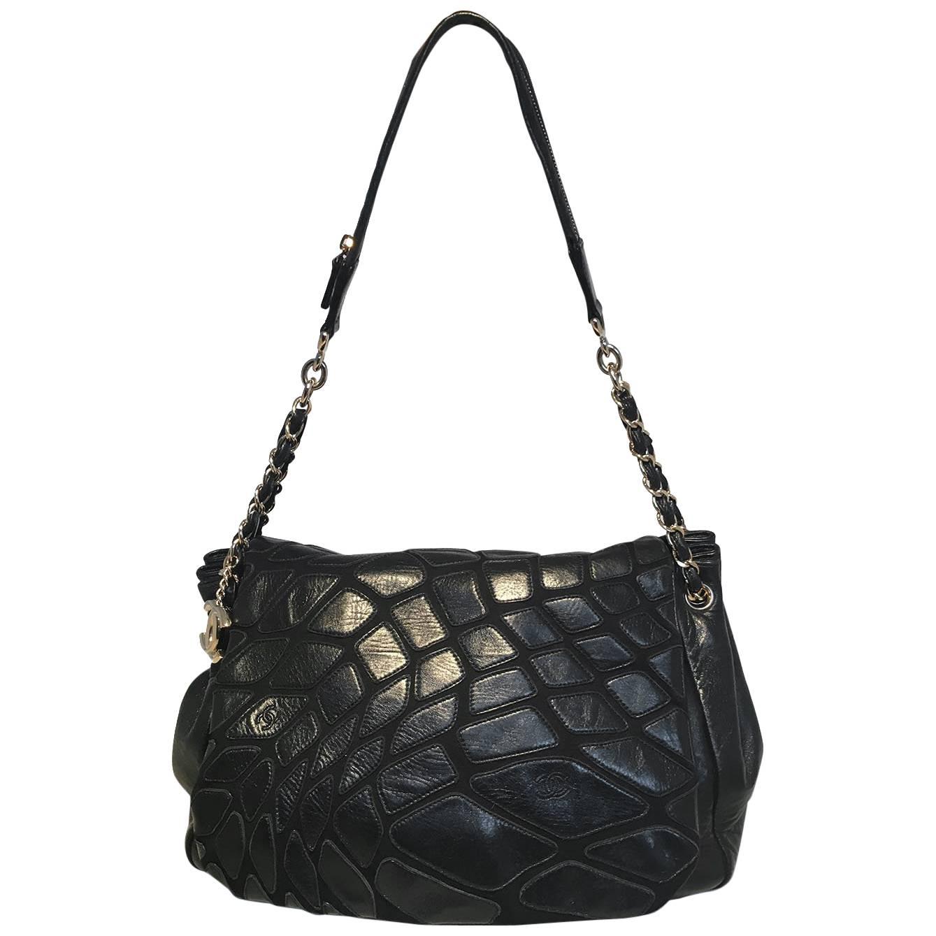 Chanel Black Leather and Knit Patchwork Classic Flap Messenger Shoulder Bag