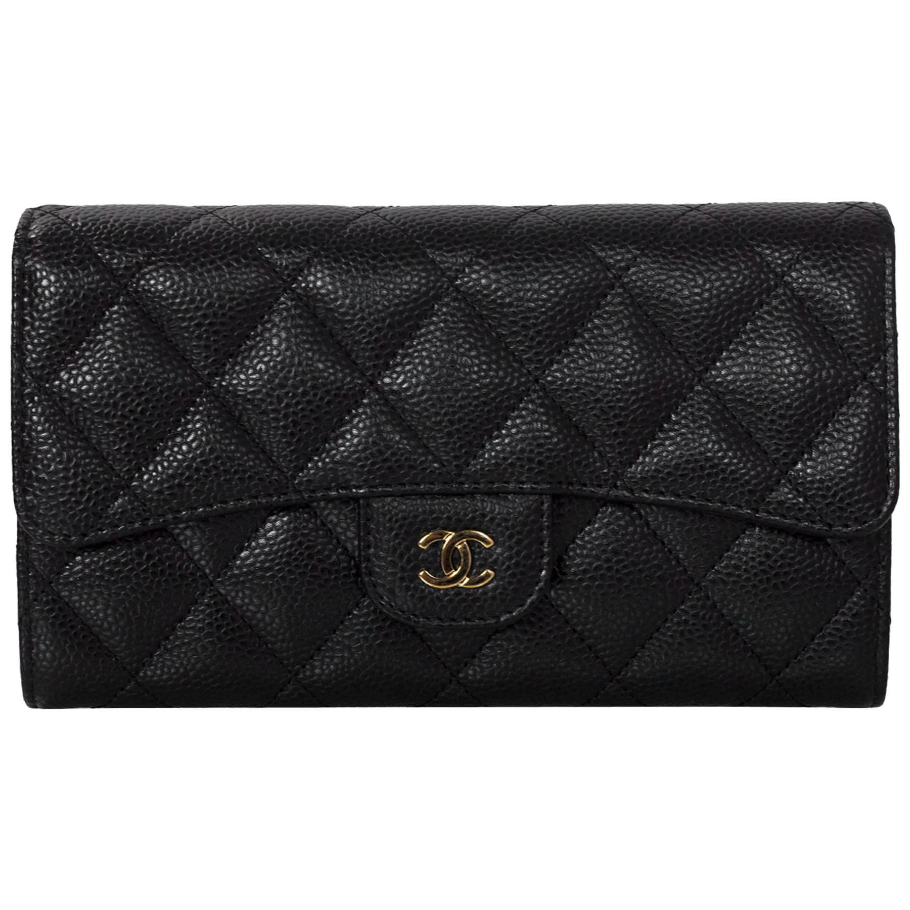 Chanel Black Caviar Leather Quilted Large Flap Wallet with Box & Dust Bag