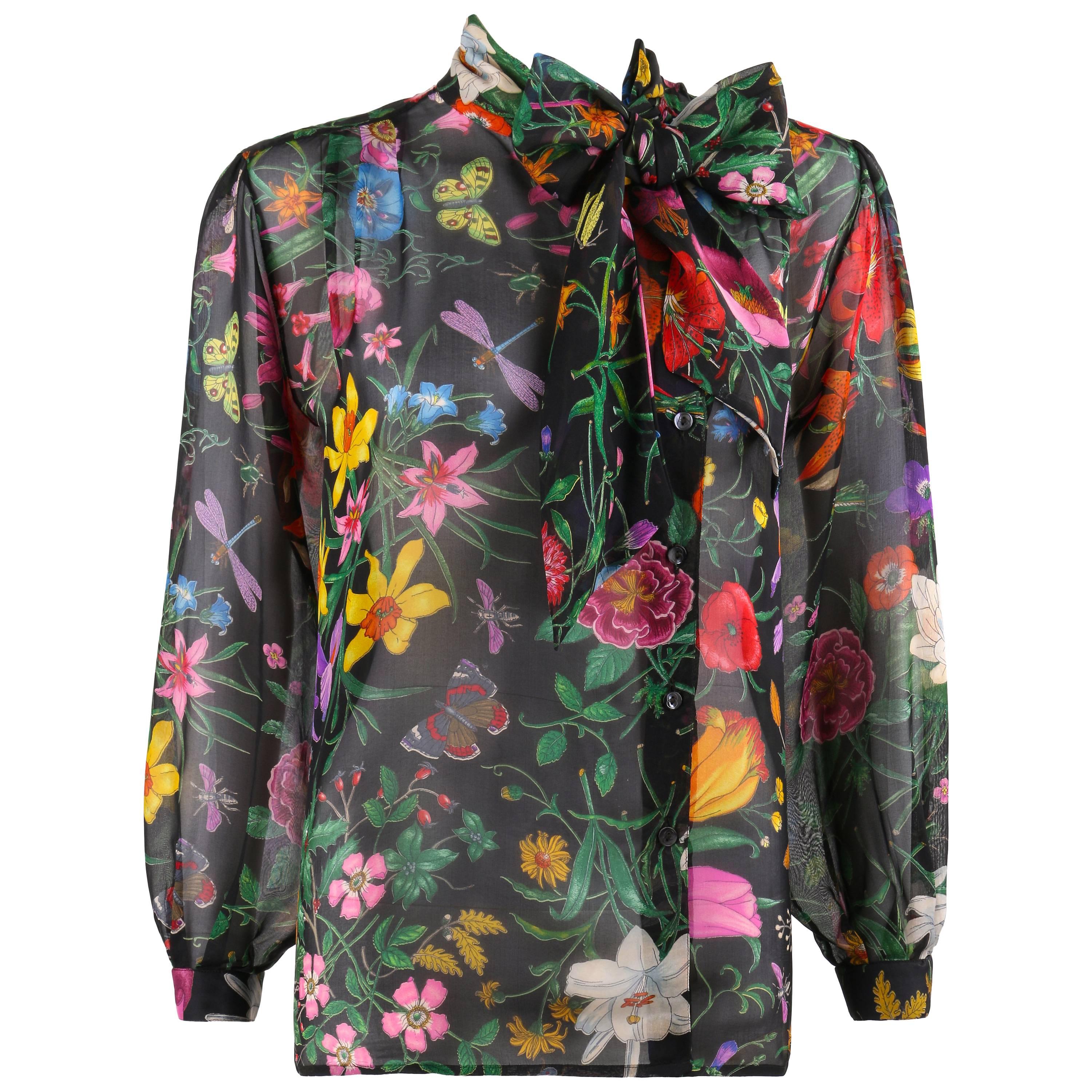 GUCCI c.1970s Iconic "Flora" Print Black Silk Chiffon Pussy Bow Blouse Top