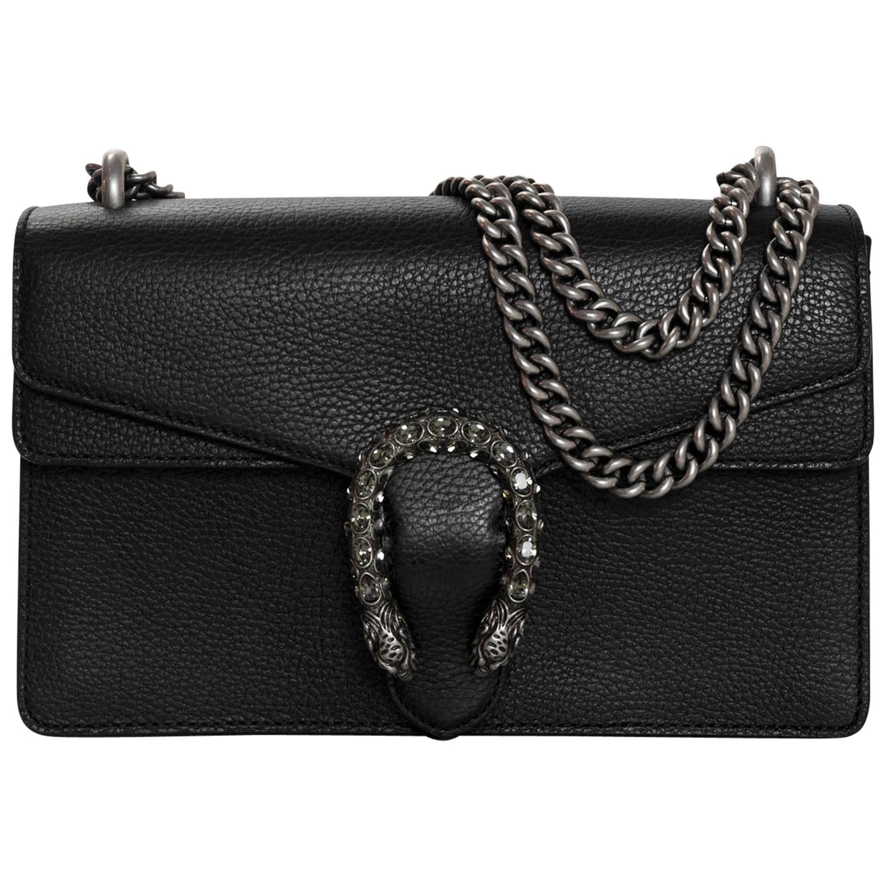 Gucci Black Leather Small Crystal Dionysus Flap Bag