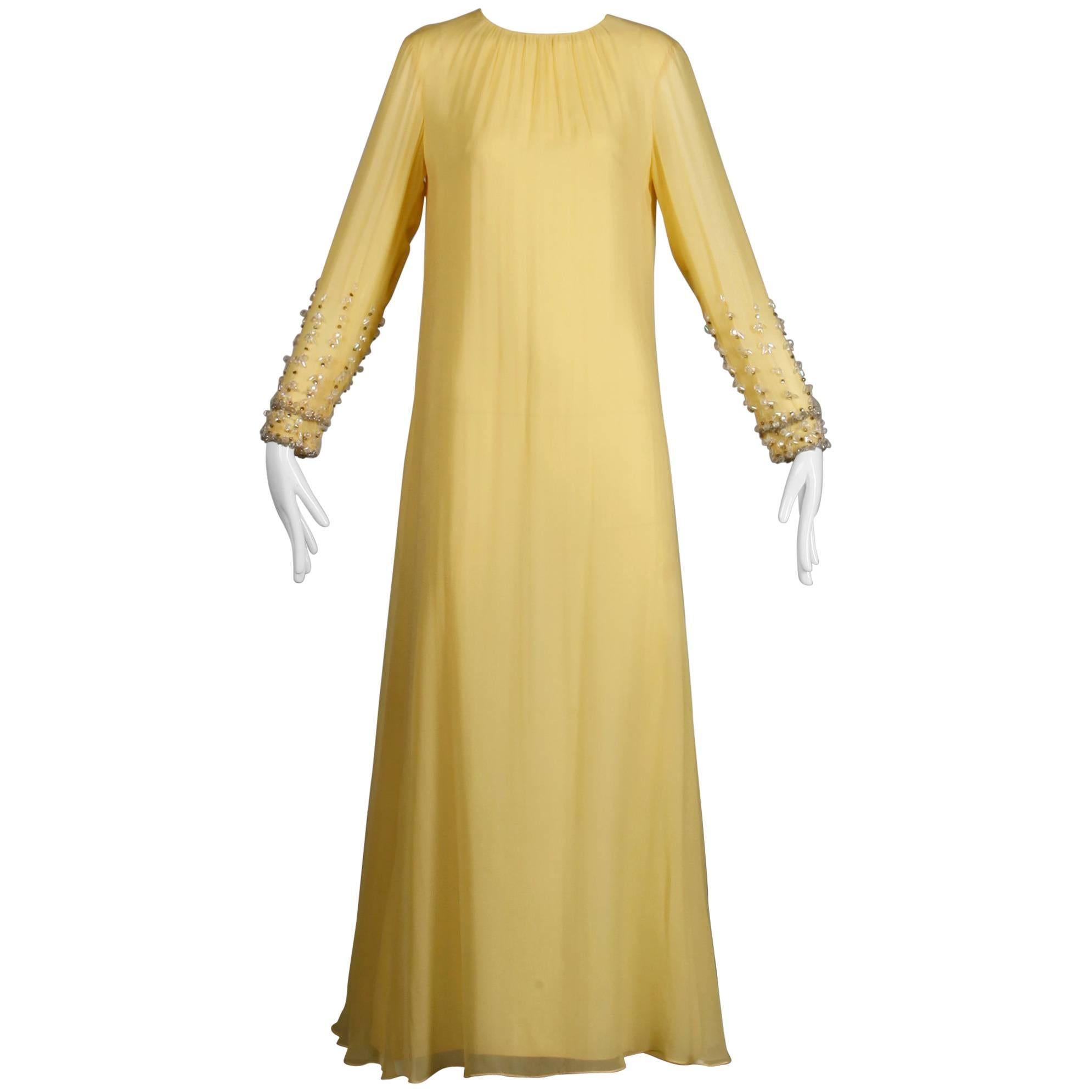 Silk Vintage Evening Dress / Gown with Rhinestone and Beaded Sleeves, 1960s  For Sale