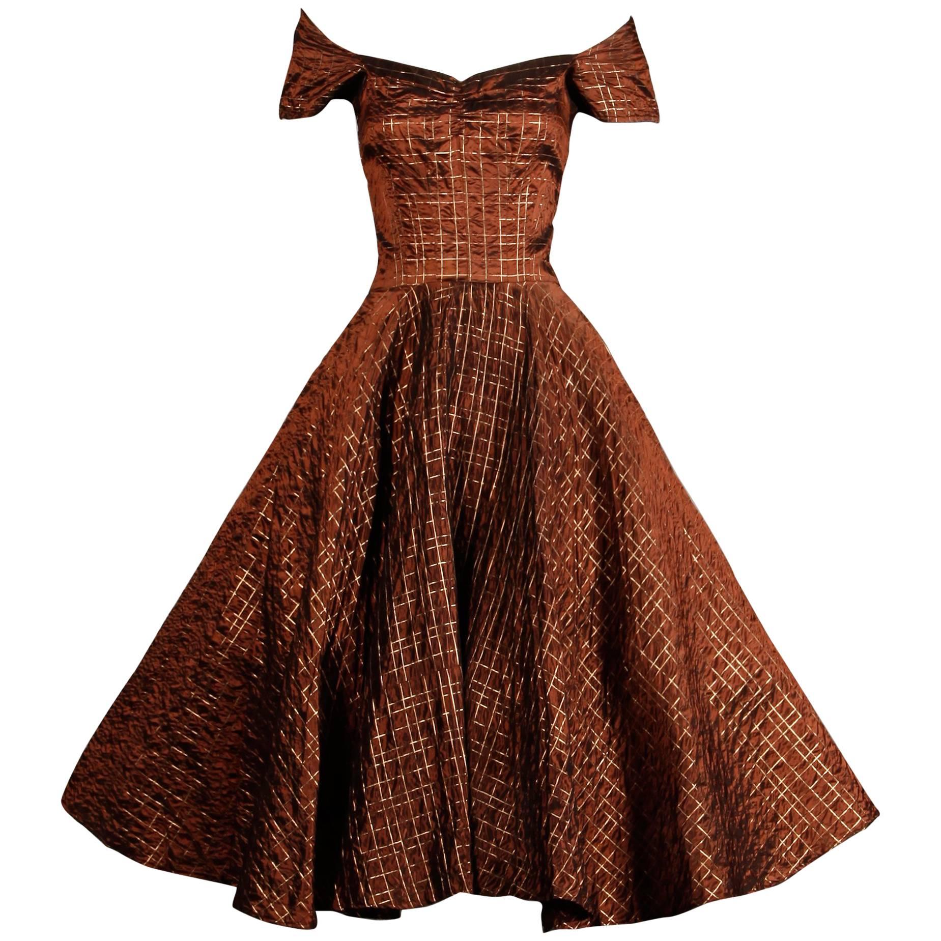 1950s Vintage Brown Copper Taffeta Embroidered Full Circle Sweep Cocktail Dress