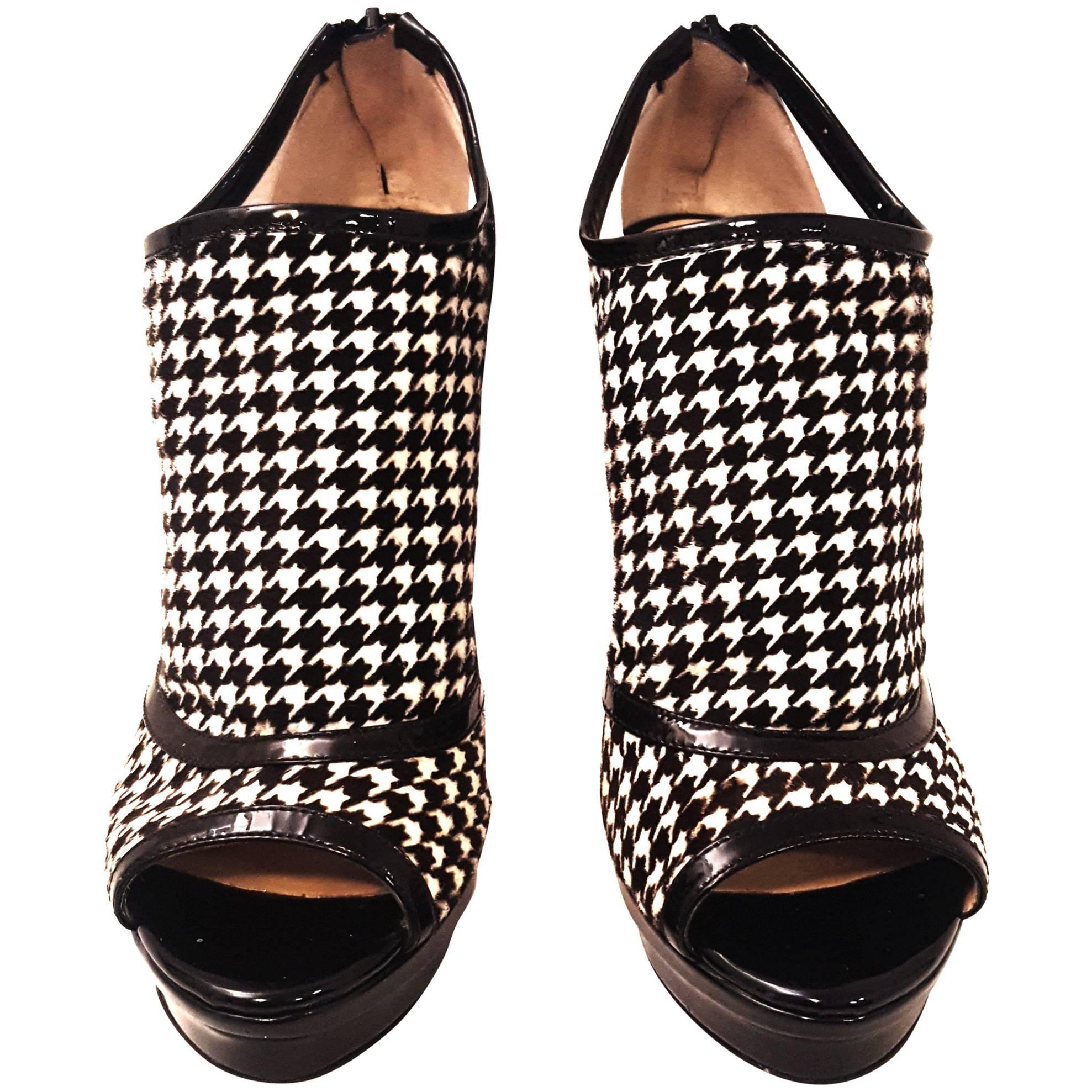 Jerome C. Rousseau Elli Black Patent  and White Houndstooth Fabric Boots  For Sale